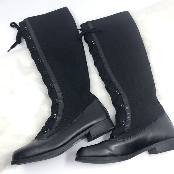 Polly Black Caviar Herringbone Textile Knit Tall Lace Up Pull On Combat Boots - Picture 5 of 16